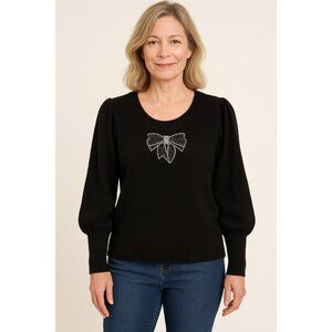 CeCe Women's XL Black Sweater Bow Embellished Puff Sleeve Pullover C156203D NWT